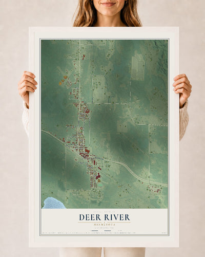 Map of Deer River, Minnesota, 24 x 36 inch print in a white wood frame