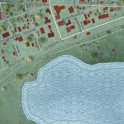 Close-up of the map of Deerwood, Minnesota print showing street and building detail