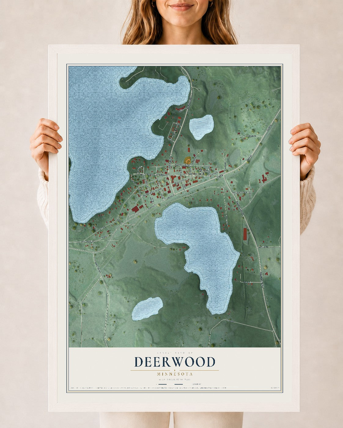 Map of Deerwood, Minnesota, 24 x 36 inch print in a white wood frame