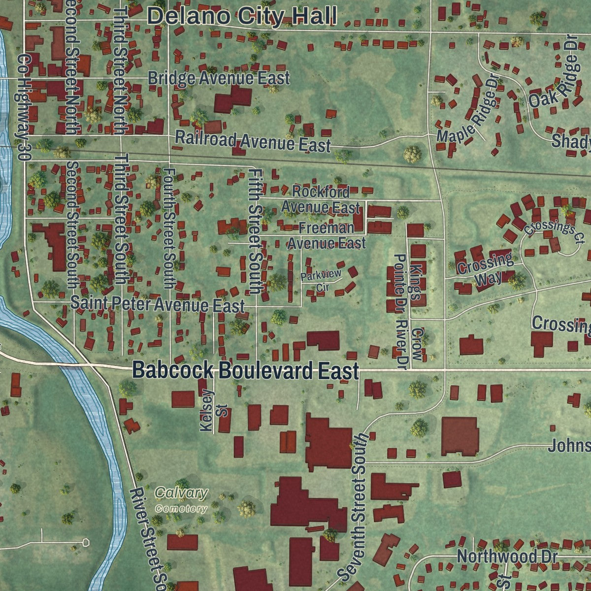 Close-up of the map of Delano, Minnesota print showing street and building detail