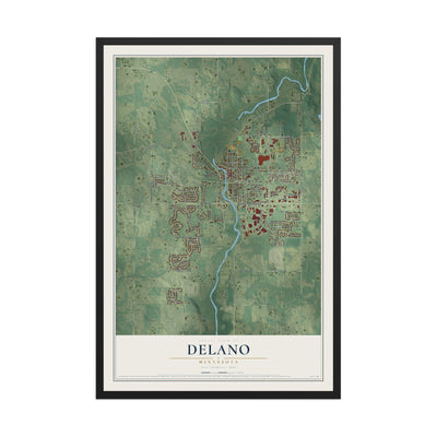 Map of Delano, Minnesota, 12 x 18 inch print in a black wood frame