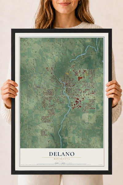 Map of Delano, Minnesota, 18 x 24 inch print in a black wood frame