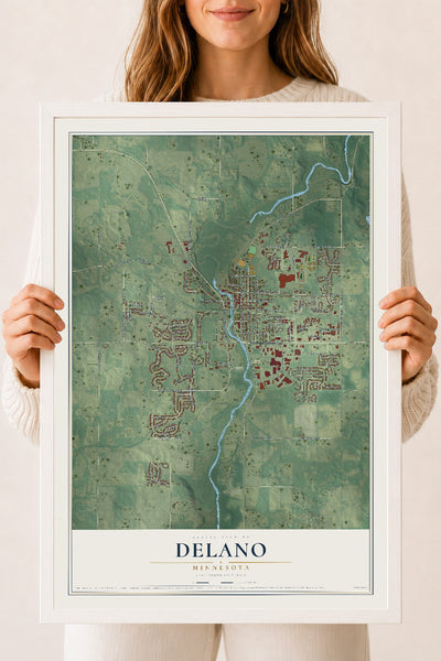 Map of Delano, Minnesota, 18 x 24 inch print in a white wood frame