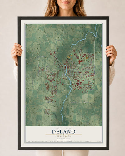 Map of Delano, Minnesota, 24 x 36 inch print in a black wood frame