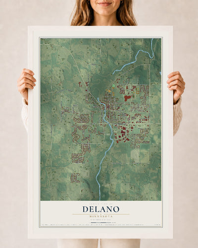 Map of Delano, Minnesota, 24 x 36 inch print in a white wood frame