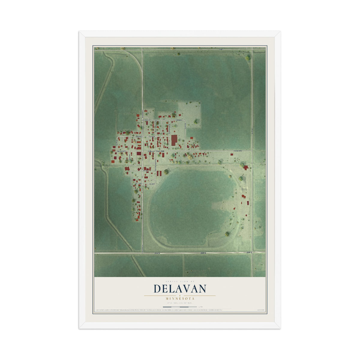 Map of Delavan, Minnesota, 12 x 18 inch print in a white wood frame