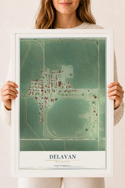 Map of Delavan, Minnesota, 18 x 24 inch print in a white wood frame