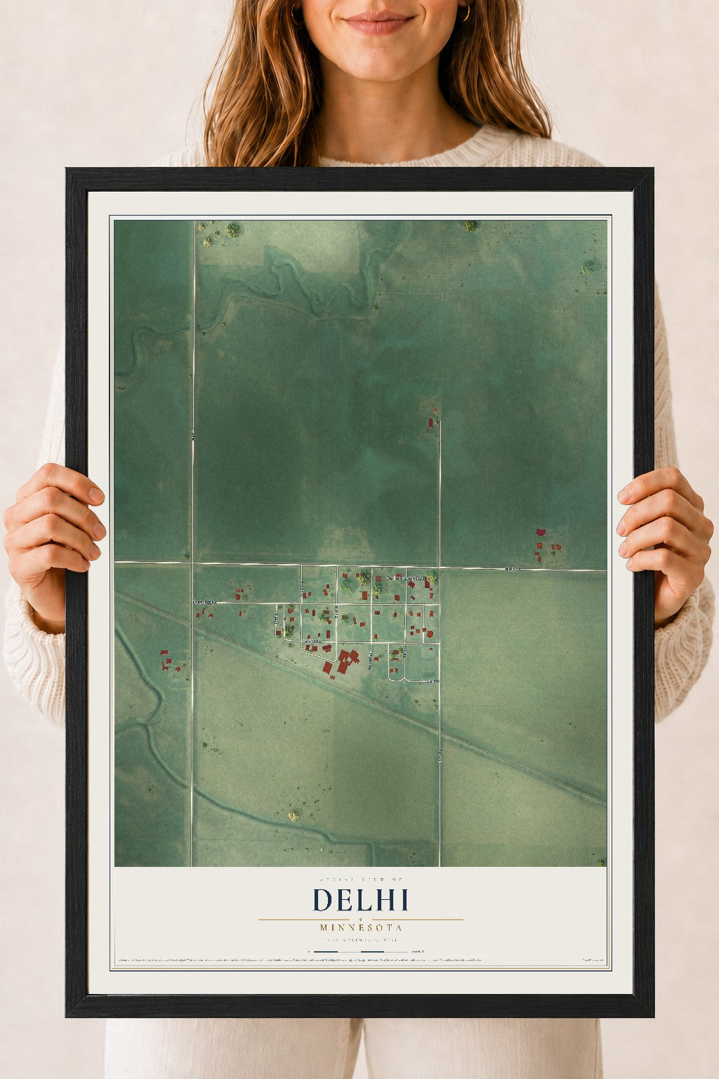 Map of Delhi, Minnesota, 18 x 24 inch print in a black wood frame