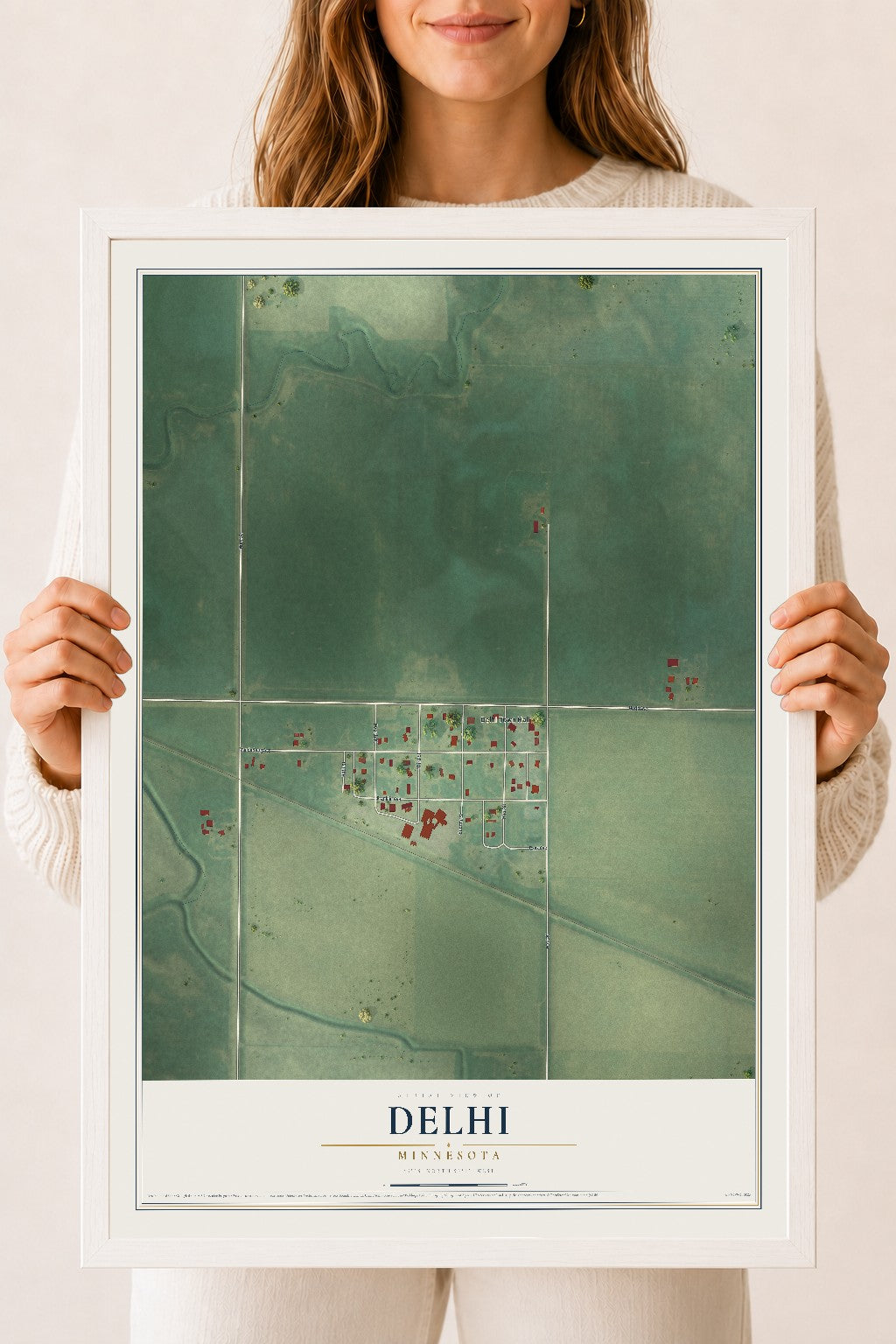 Map of Delhi, Minnesota, 18 x 24 inch print in a white wood frame