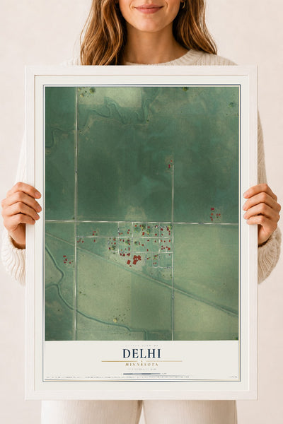 Map of Delhi, Minnesota, 18 x 24 inch print in a white wood frame