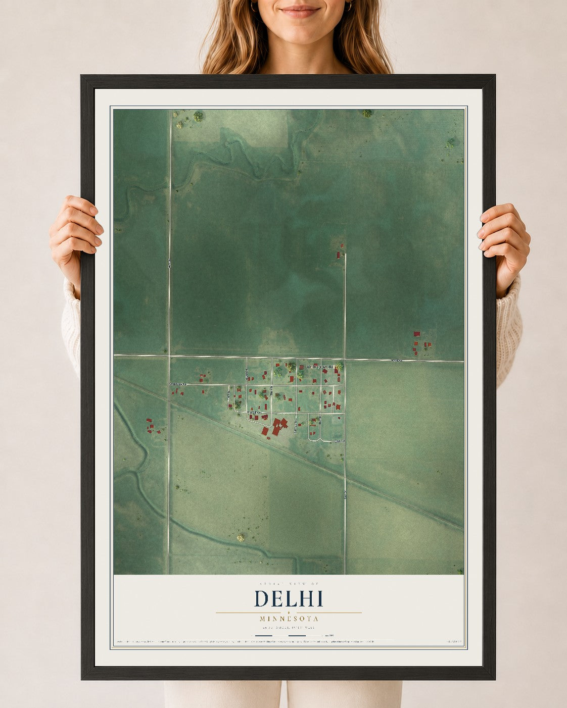 Map of Delhi, Minnesota, 24 x 36 inch print in a black wood frame