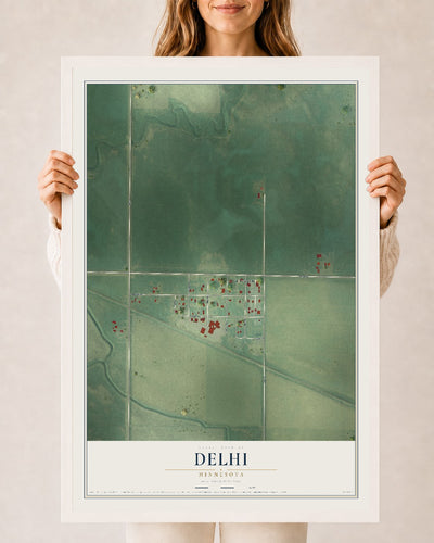Map of Delhi, Minnesota, 24 x 36 inch print in a white wood frame