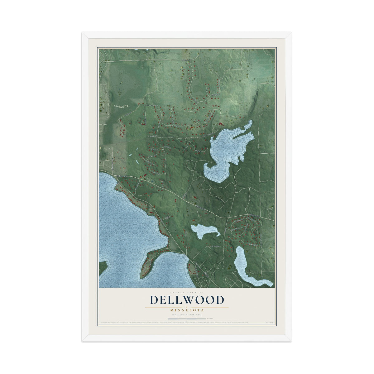Map of Dellwood, Minnesota, 12 x 18 inch print in a white wood frame