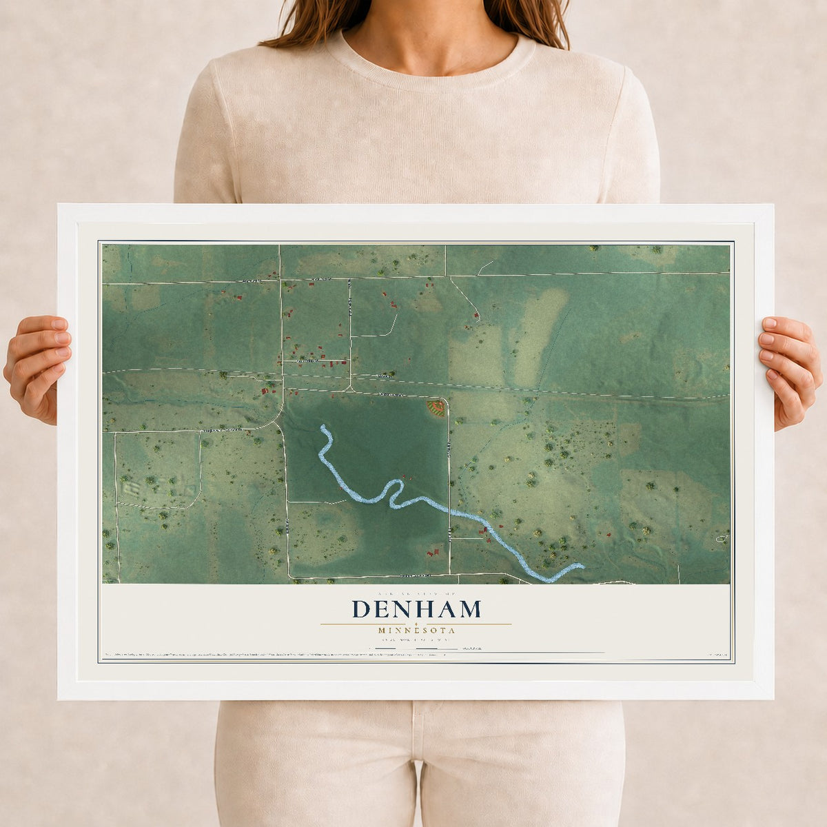 Map of Denham, Minnesota, 12 x 18 inch print in a white wood frame