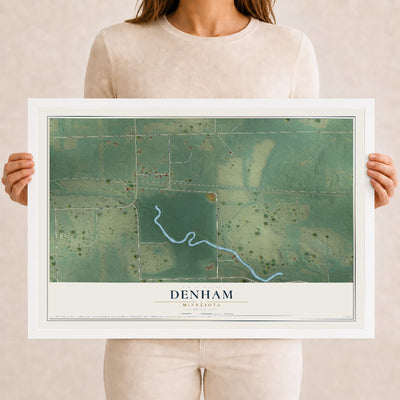 Map of Denham, Minnesota, 12 x 18 inch print in a white wood frame