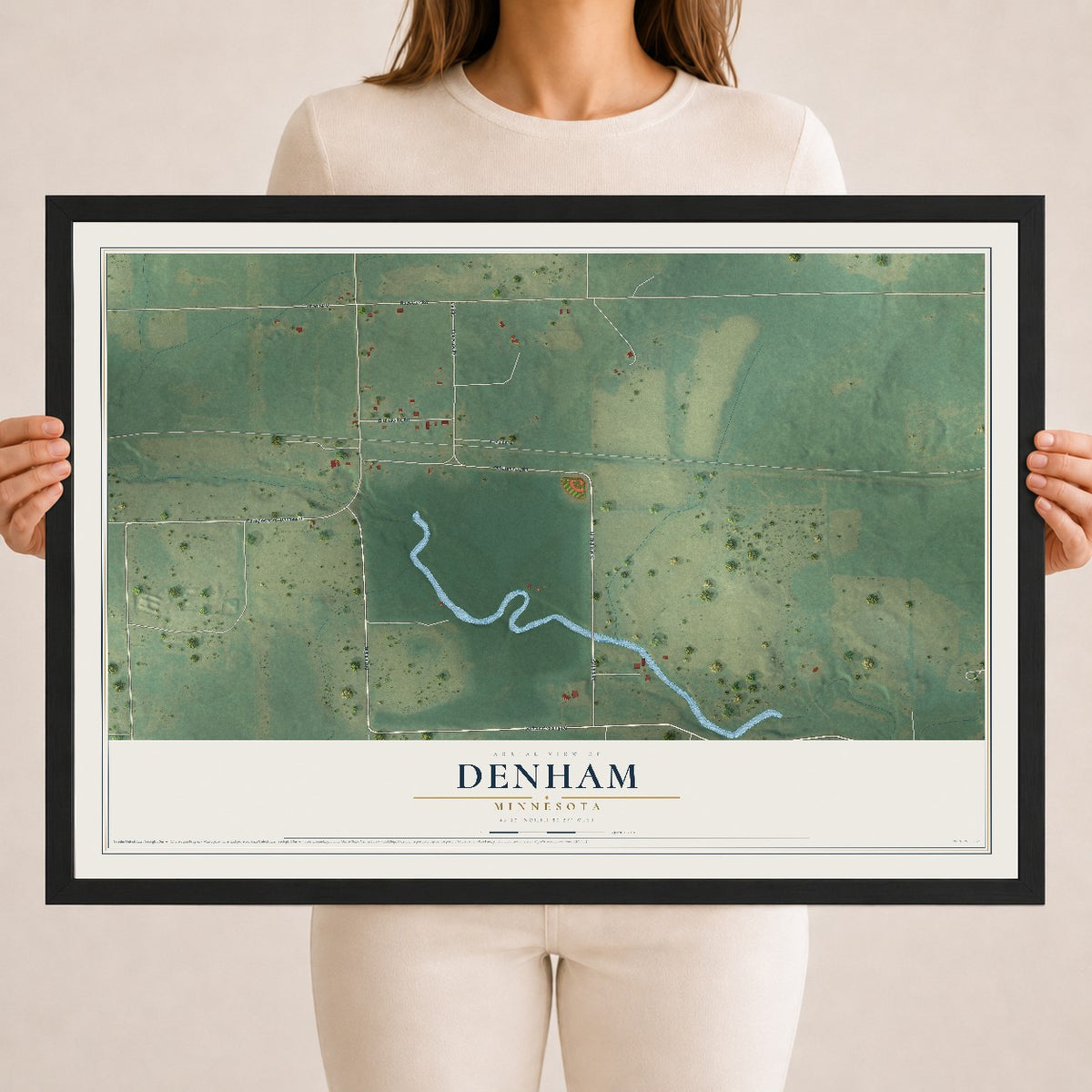 Map of Denham, Minnesota, 18 x 24 inch print in a black wood frame