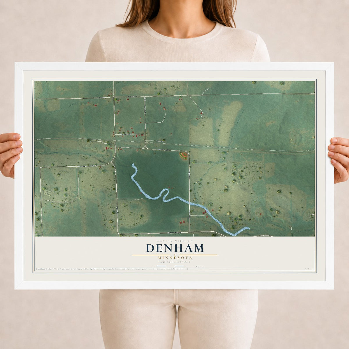 Map of Denham, Minnesota, 18 x 24 inch print in a white wood frame