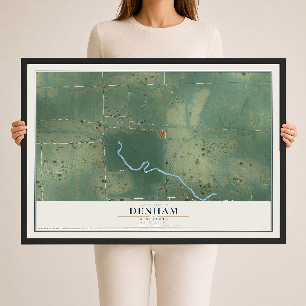 Map of Denham, Minnesota, 24 x 36 inch print in a black wood frame