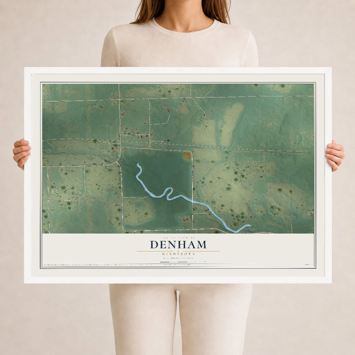 Map of Denham, Minnesota, 24 x 36 inch print in a white wood frame
