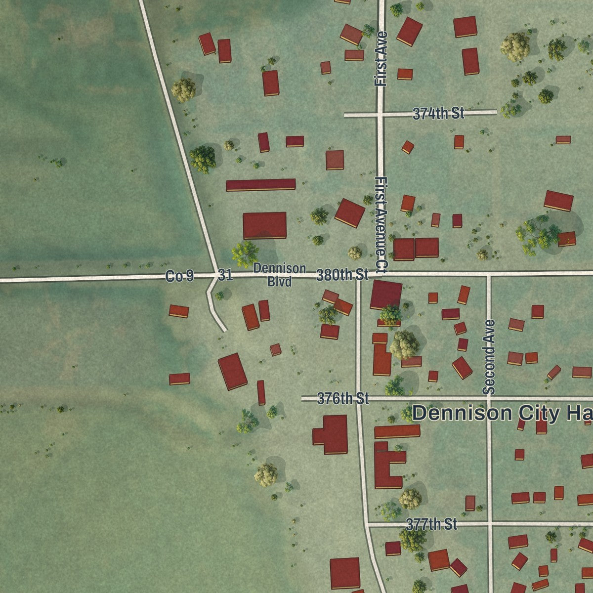 Close-up of the map of Dennison, Minnesota print showing street and building detail
