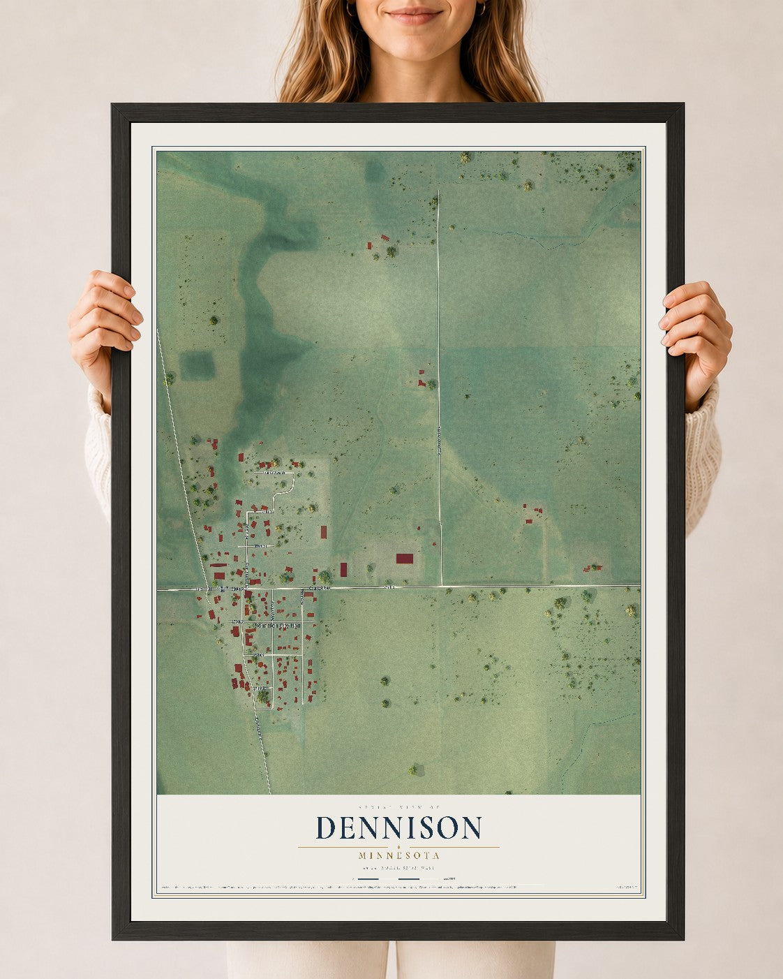 Map of Dennison, Minnesota, 24 x 36 inch print in a black wood frame