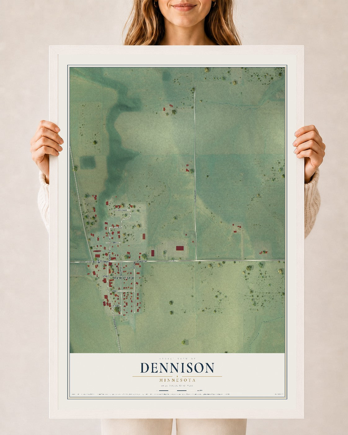 Map of Dennison, Minnesota, 24 x 36 inch print in a white wood frame