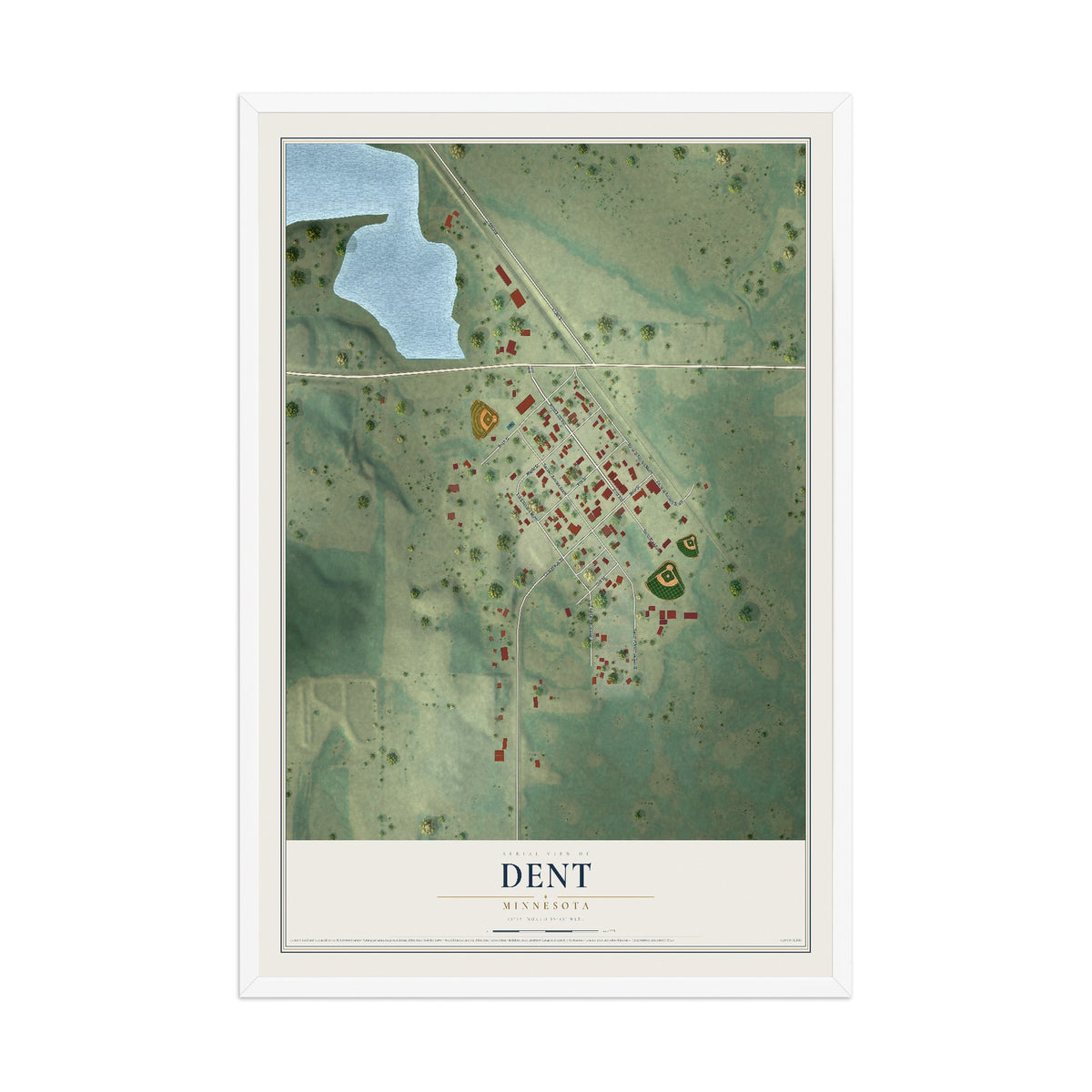 Map of Dent, Minnesota, 12 x 18 inch print in a white wood frame