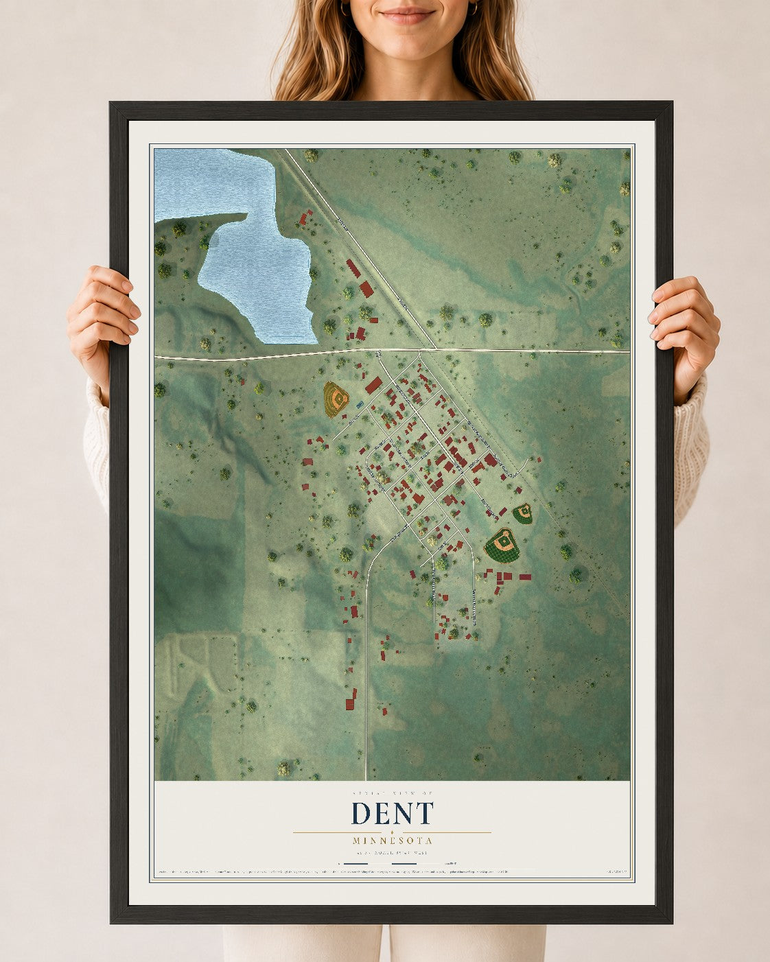 Map of Dent, Minnesota, 24 x 36 inch print in a black wood frame