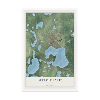 Map of Detroit Lakes, Minnesota, 12 x 18 inch print in a white wood frame