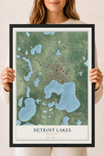 Map of Detroit Lakes, Minnesota, 18 x 24 inch print in a black wood frame