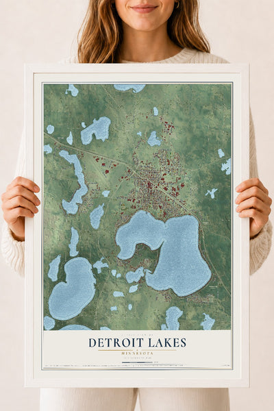 Map of Detroit Lakes, Minnesota, 18 x 24 inch print in a white wood frame