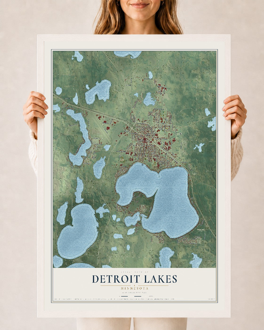 Map of Detroit Lakes, Minnesota, 24 x 36 inch print in a white wood frame