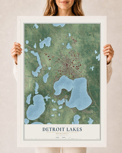Map of Detroit Lakes, Minnesota, 24 x 36 inch print in a white wood frame