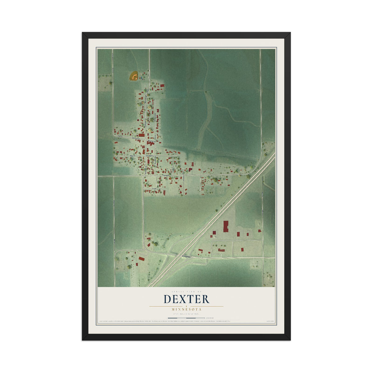 Map of Dexter, Minnesota, 12 x 18 inch print in a black wood frame