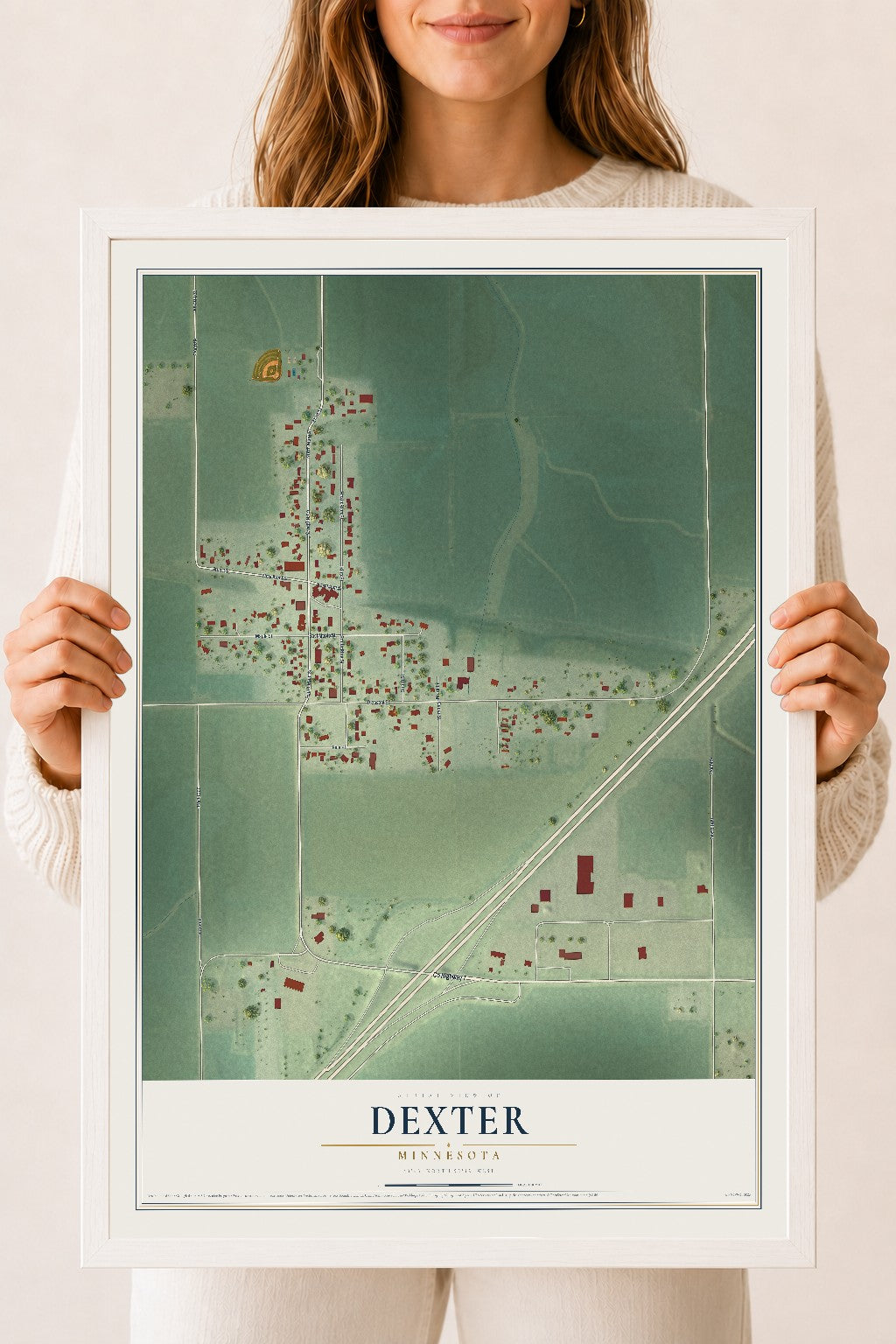 Map of Dexter, Minnesota, 18 x 24 inch print in a white wood frame
