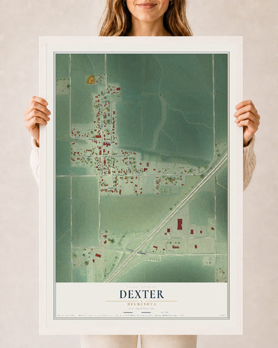 Map of Dexter, Minnesota, 24 x 36 inch print in a white wood frame