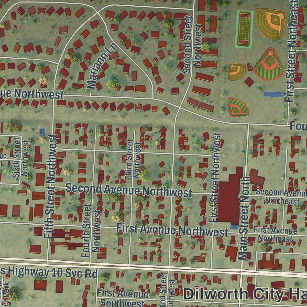 Close-up of the map of Dilworth, Minnesota print showing street and building detail