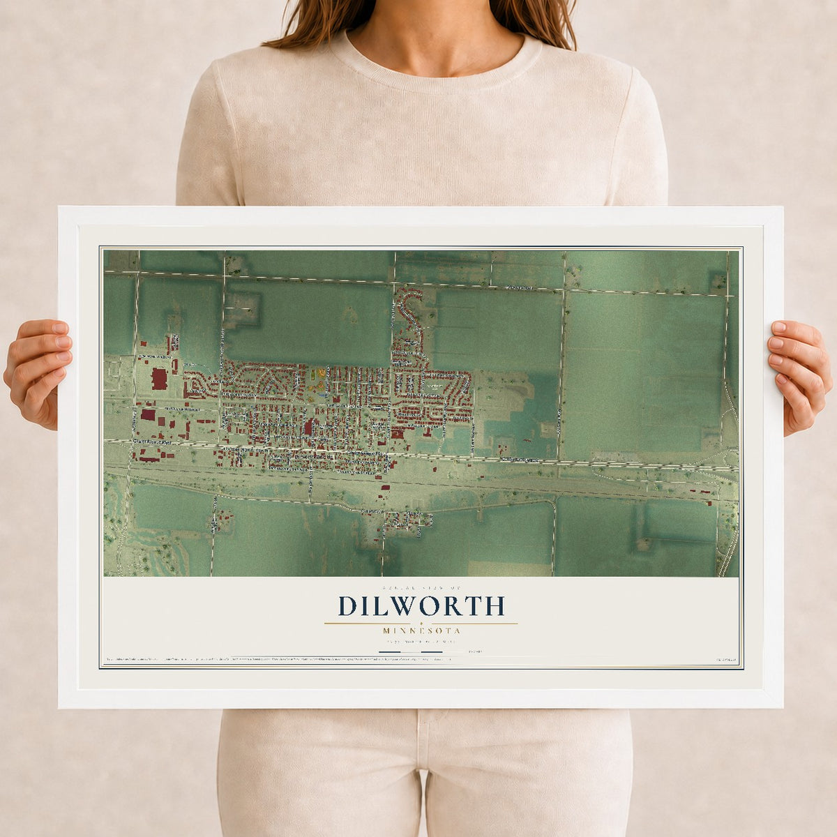 Map of Dilworth, Minnesota, 12 x 18 inch print in a white wood frame