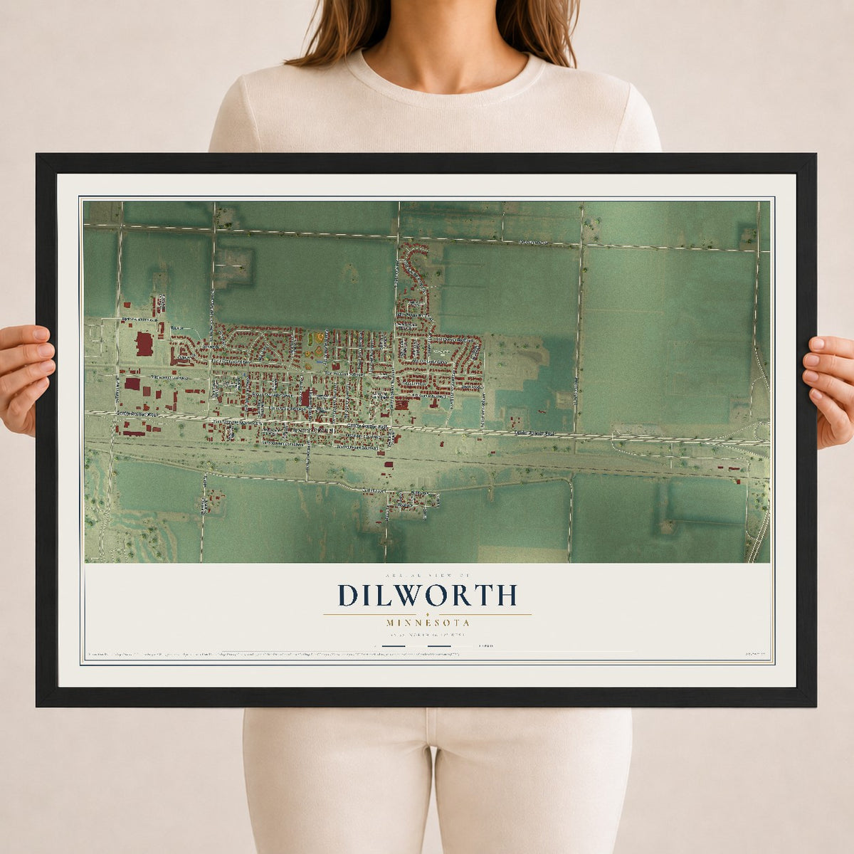 Map of Dilworth, Minnesota, 18 x 24 inch print in a black wood frame