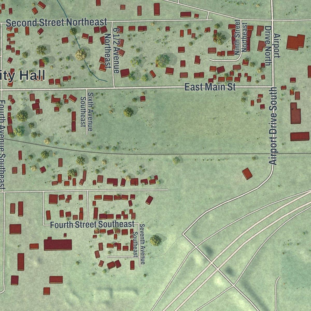 Second close-up of the map of Dodge Center, Minnesota print showing more streets and buildings