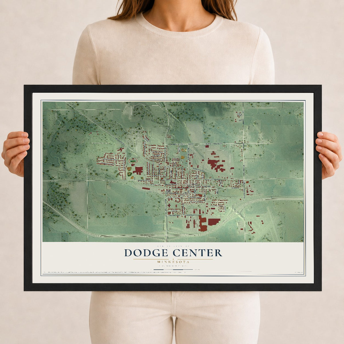 Map of Dodge Center, Minnesota, 12 x 18 inch print in a black wood frame