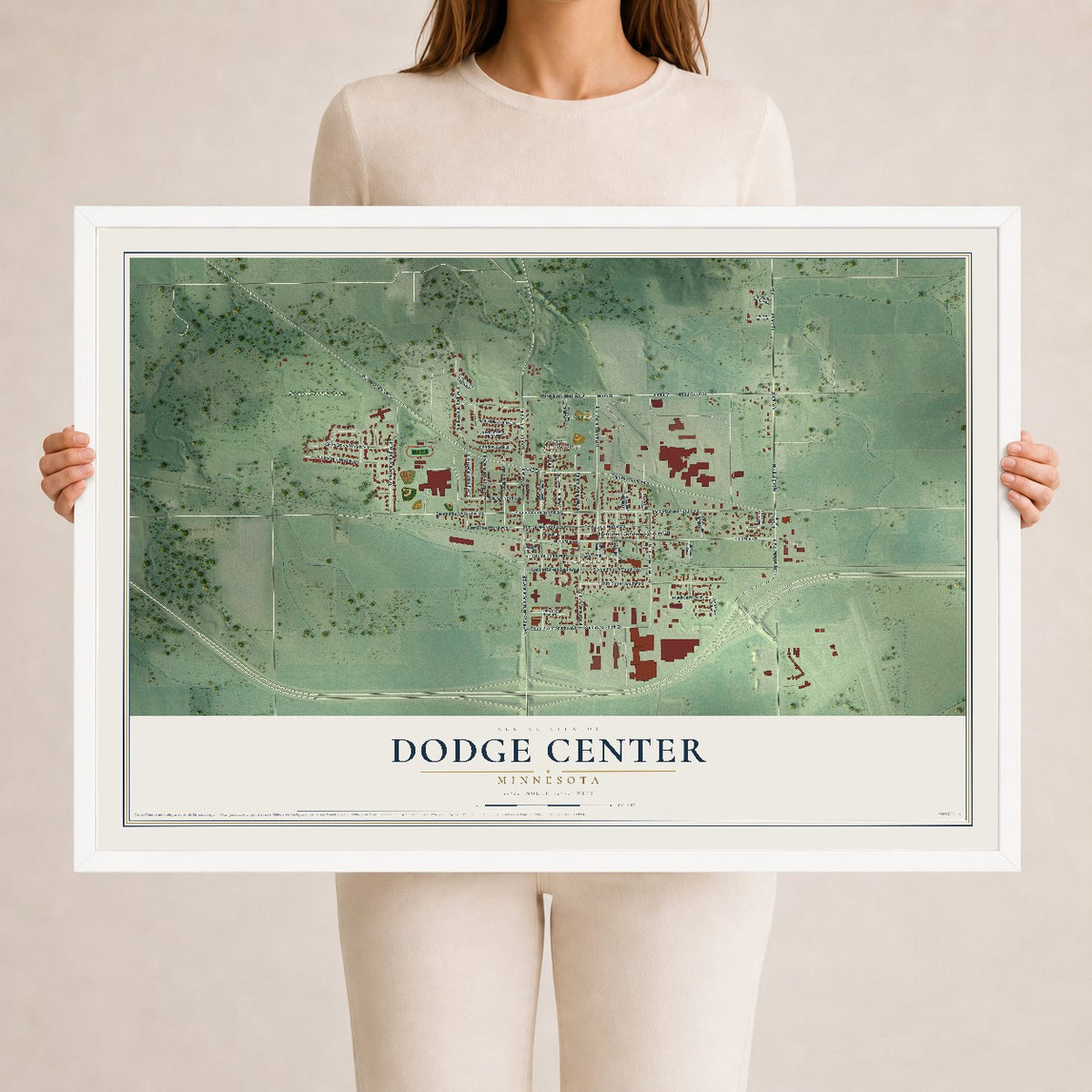 Map of Dodge Center, Minnesota, 24 x 36 inch print in a white wood frame