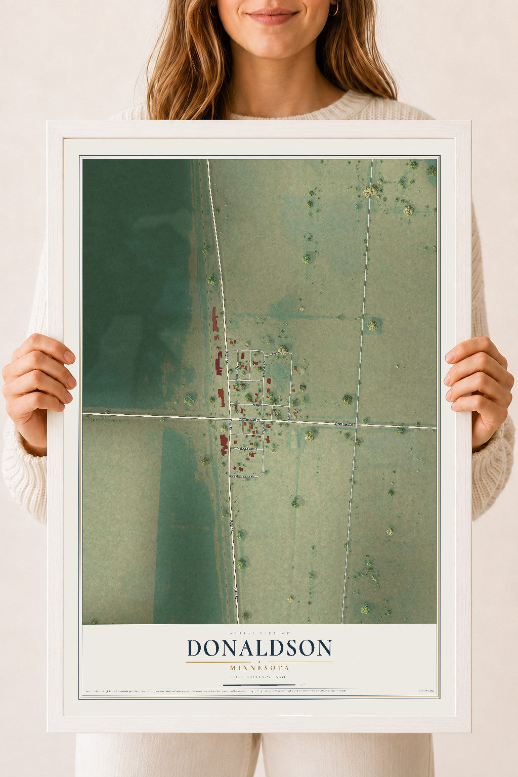 Map of Donaldson, Minnesota, 18 x 24 inch print in a white wood frame