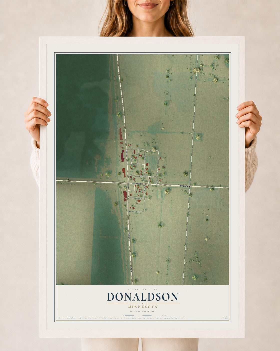 Map of Donaldson, Minnesota, 24 x 36 inch print in a white wood frame