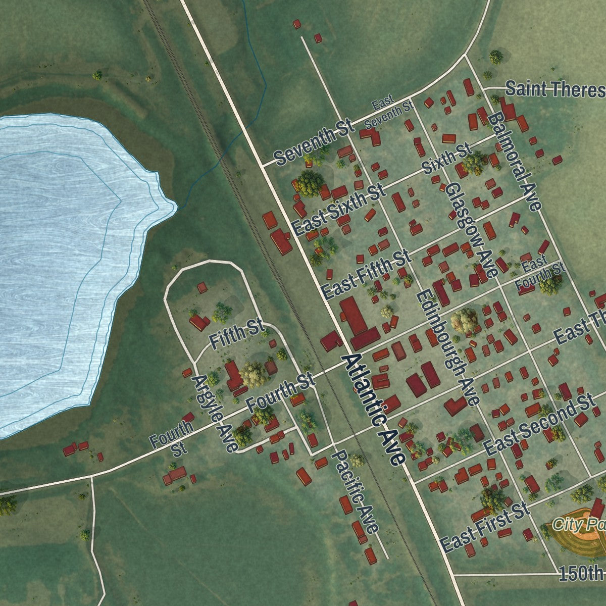 Second close-up of the map of Donnelly, Minnesota print showing more streets and buildings