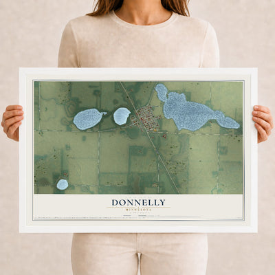 Map of Donnelly, Minnesota, 12 x 18 inch print in a white wood frame