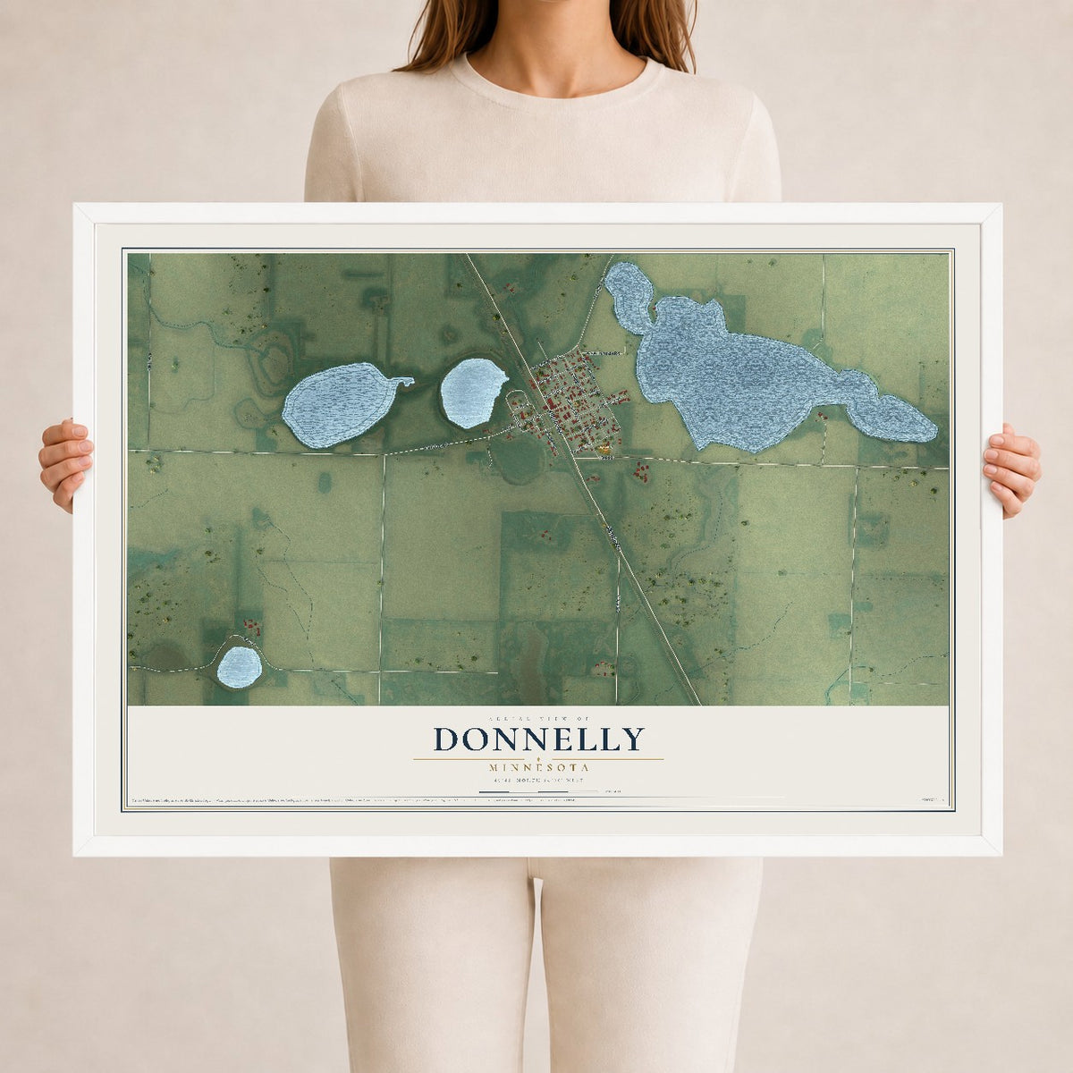 Map of Donnelly, Minnesota, 24 x 36 inch print in a white wood frame