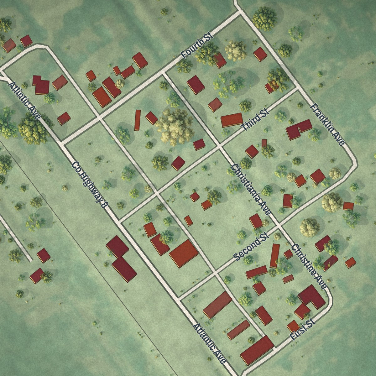 Close-up of the map of Doran, Minnesota print showing street and building detail