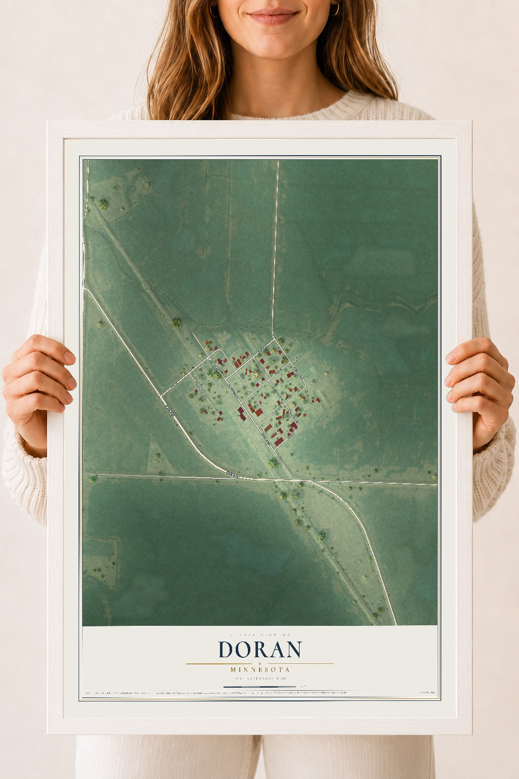 Map of Doran, Minnesota, 18 x 24 inch print in a white wood frame