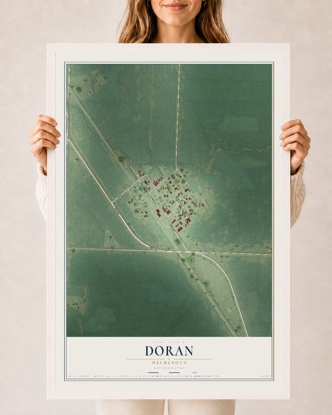 Map of Doran, Minnesota, 24 x 36 inch print in a white wood frame